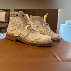 Chanel White Floral Lace Combat Boots